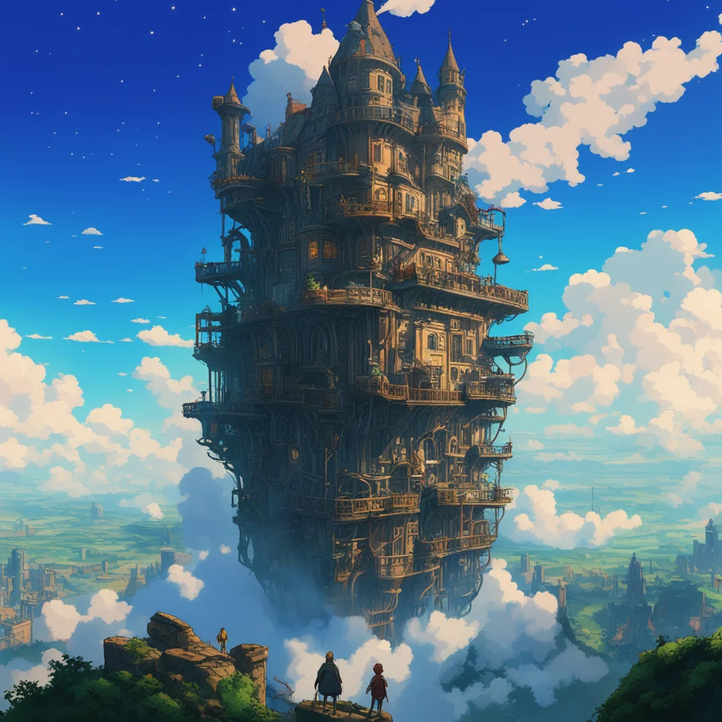 high elevator in middle of the screen A flip city on top B city on bottom of [howl’s moving castle] by Miyazaki by Vince