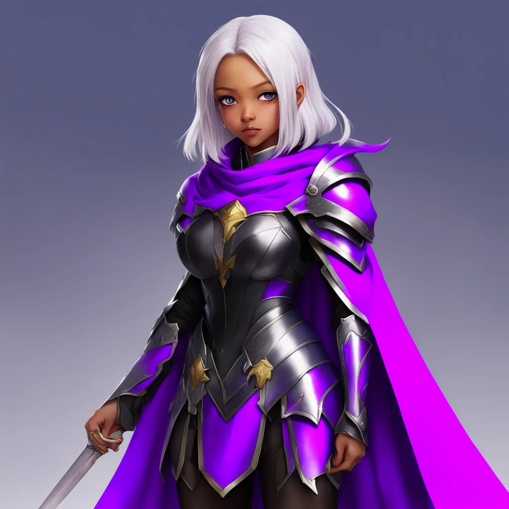 high fantasy concept art black princess knight with purple cape holding zweihander beautiful anime girl with white bob h