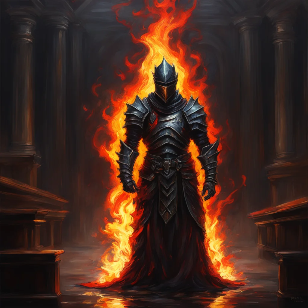 high quality oil painting depicting the soul of cinder from dark souls in a courtroom