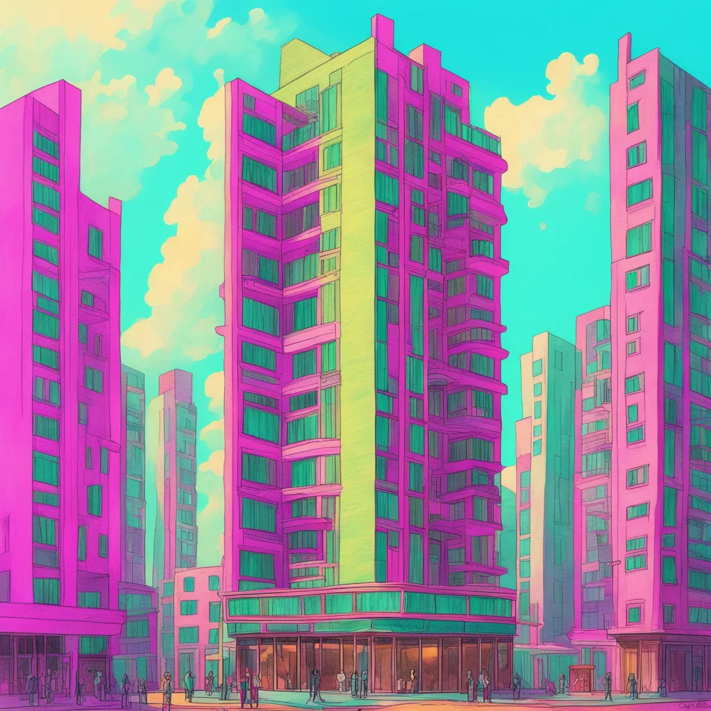 high rise hotel with lots of windows fantasy surreal western illustration pasel colors