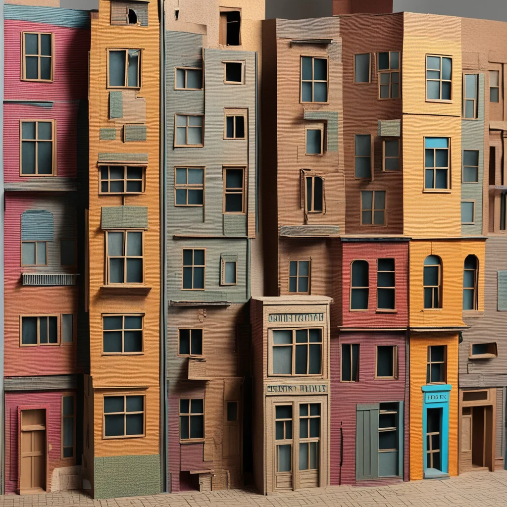 highly detailed NYC tenement buildings made out of craft paper cardboard multi colored collage elements and paper mache 