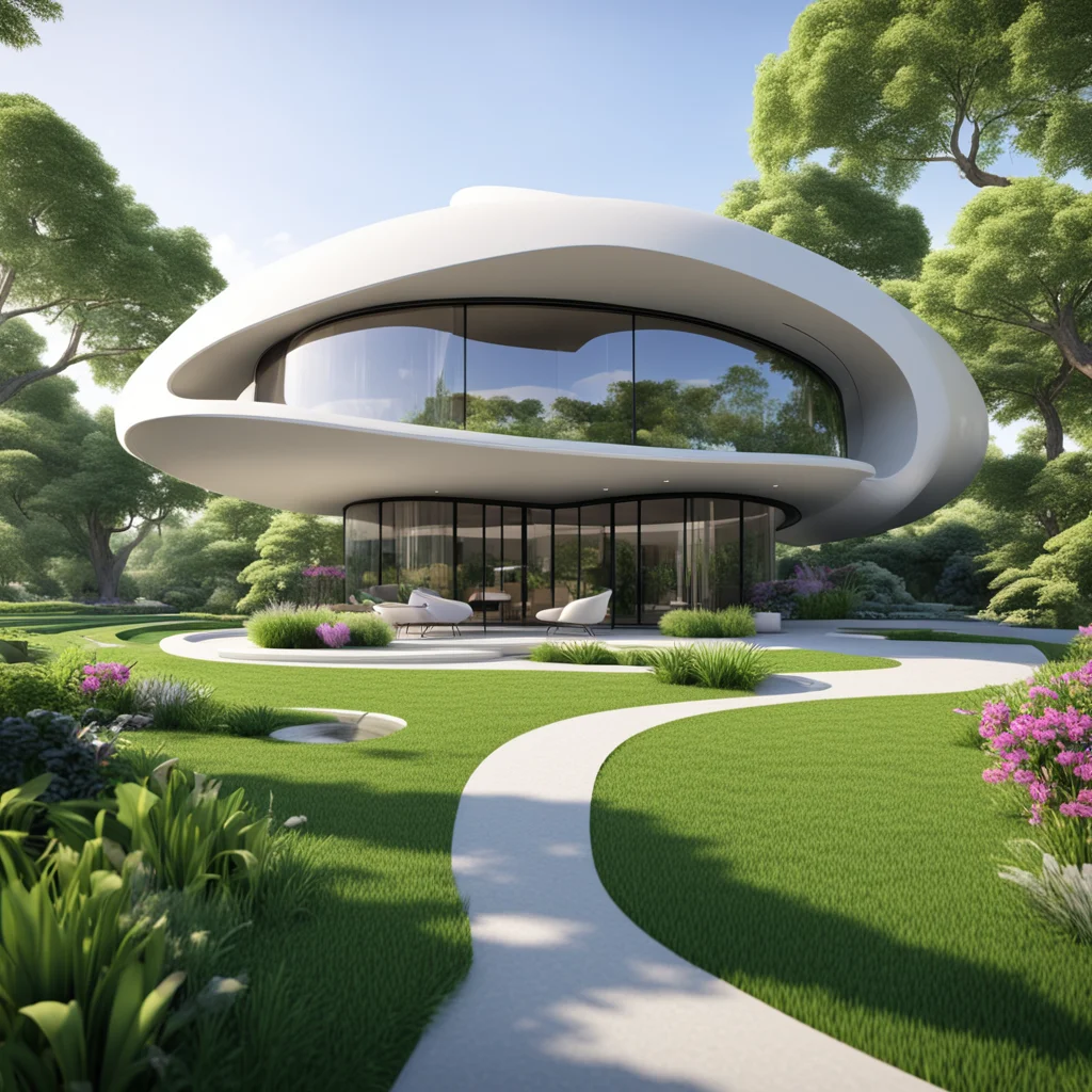 highly detailed futuristic whole house in beautiful garden setting 4k rendering wide angle w 528 h 132