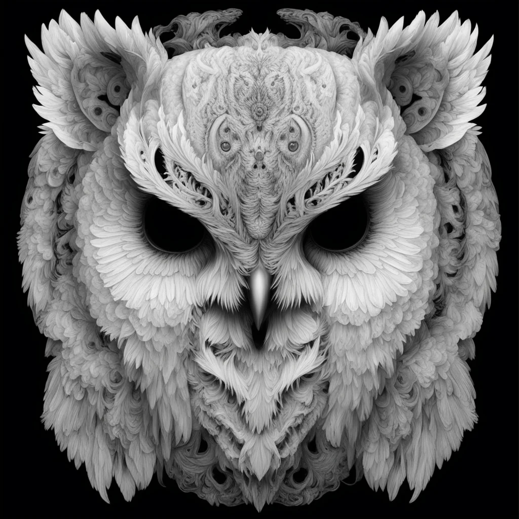 highly detailed intricate stunningly beautiful image of an abstract white Owl black tourmaline skull for face symmetrica