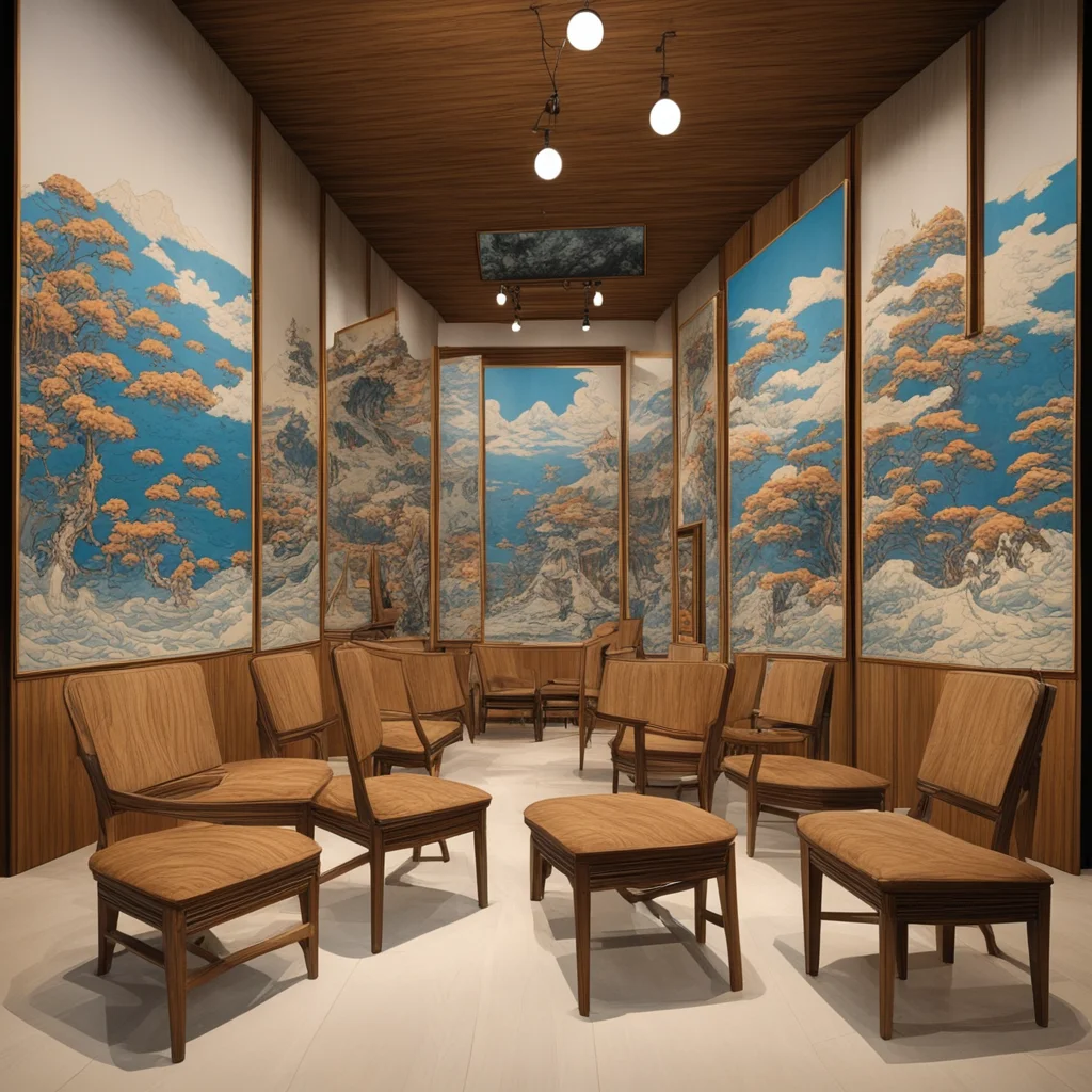 highly detailed modern art gallery filled with wooden chairs by hokusai ralph bakshi james gurney peter mohrbacher ghibl