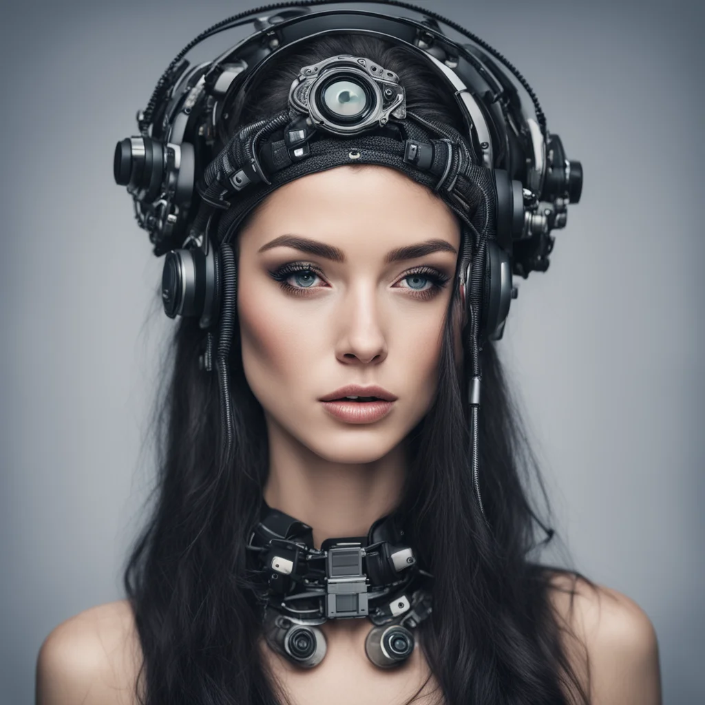 highly detailed portrait of a beautiful woman with dark hair and a mysterious technological headband