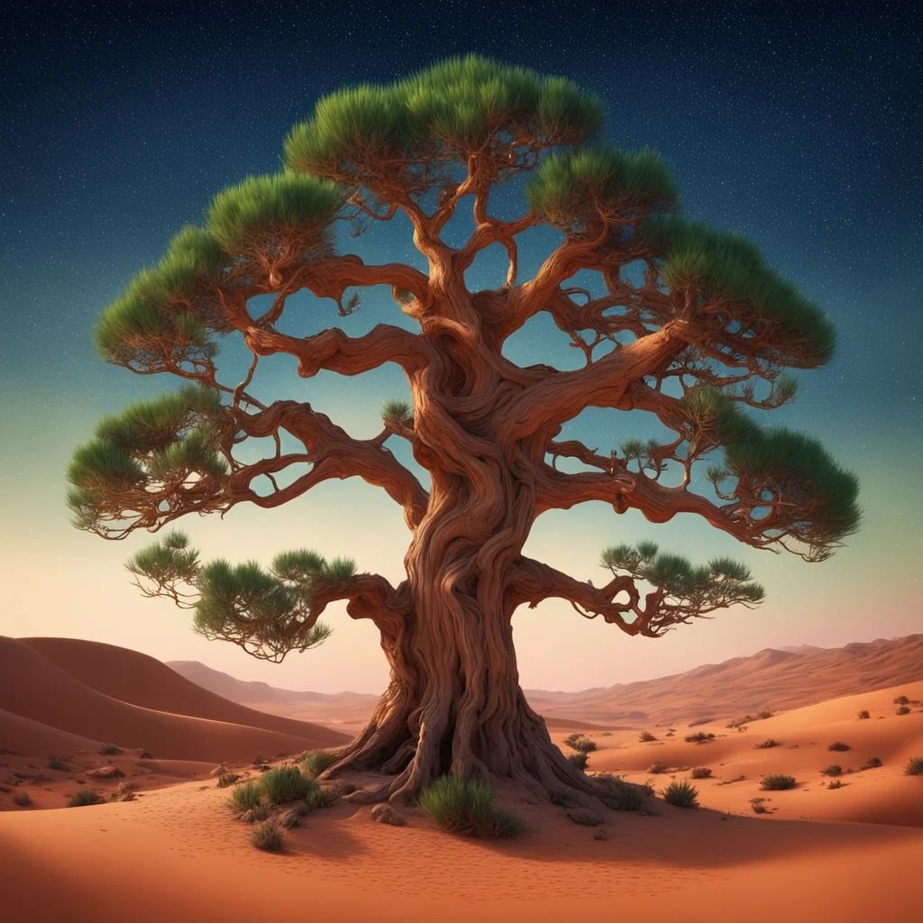 highly detailed stunning image of a heavenly pine tree in the Sahara Desert cinematic stunning tree ethereal fairy light