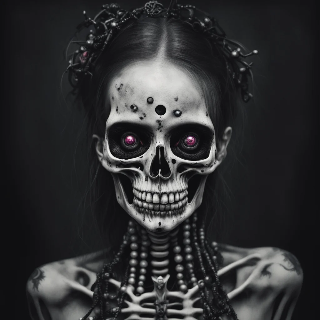 highly realistic portrait of a beautiful skeletal female addict gothic scared raver large shining eyes gurning black bindhi rosary soresdark atmosphe
