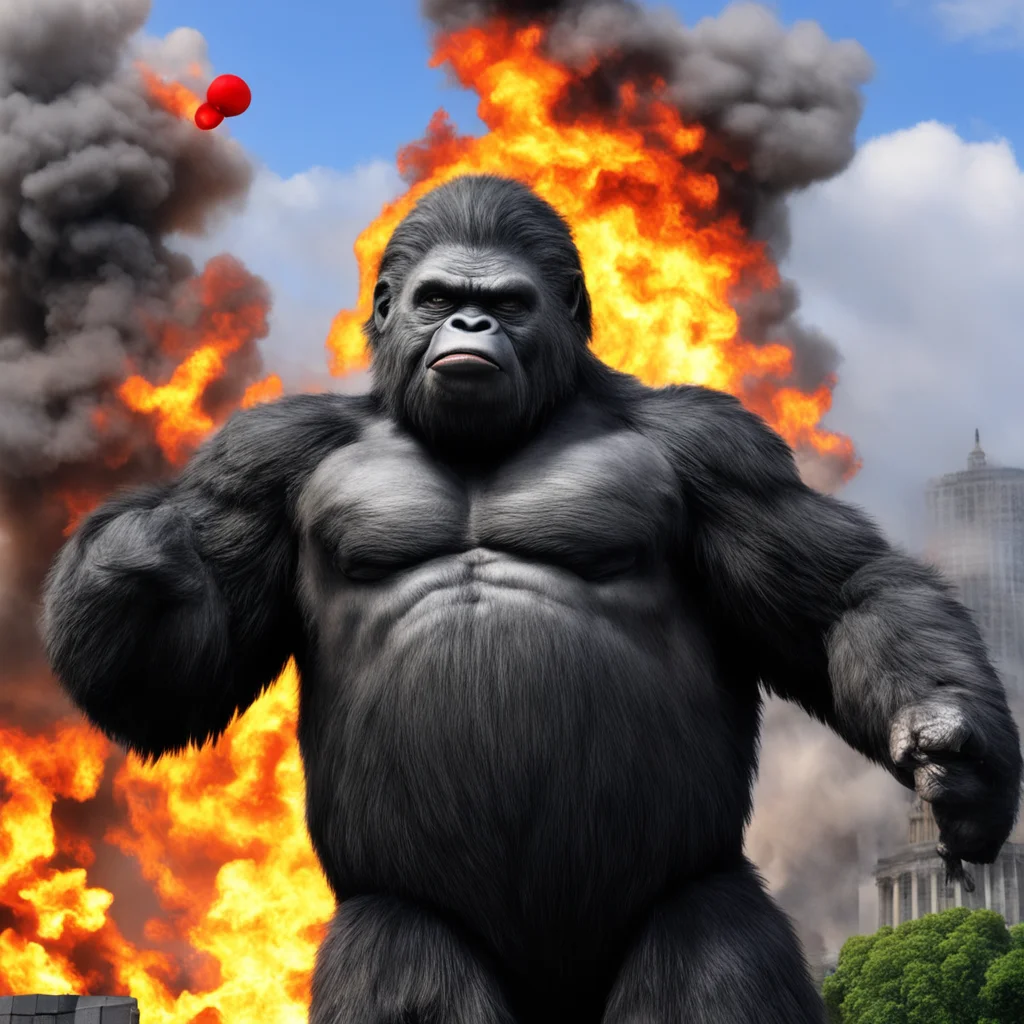 hillary clinton face on a king kong body in washington blowing bubbles on fire