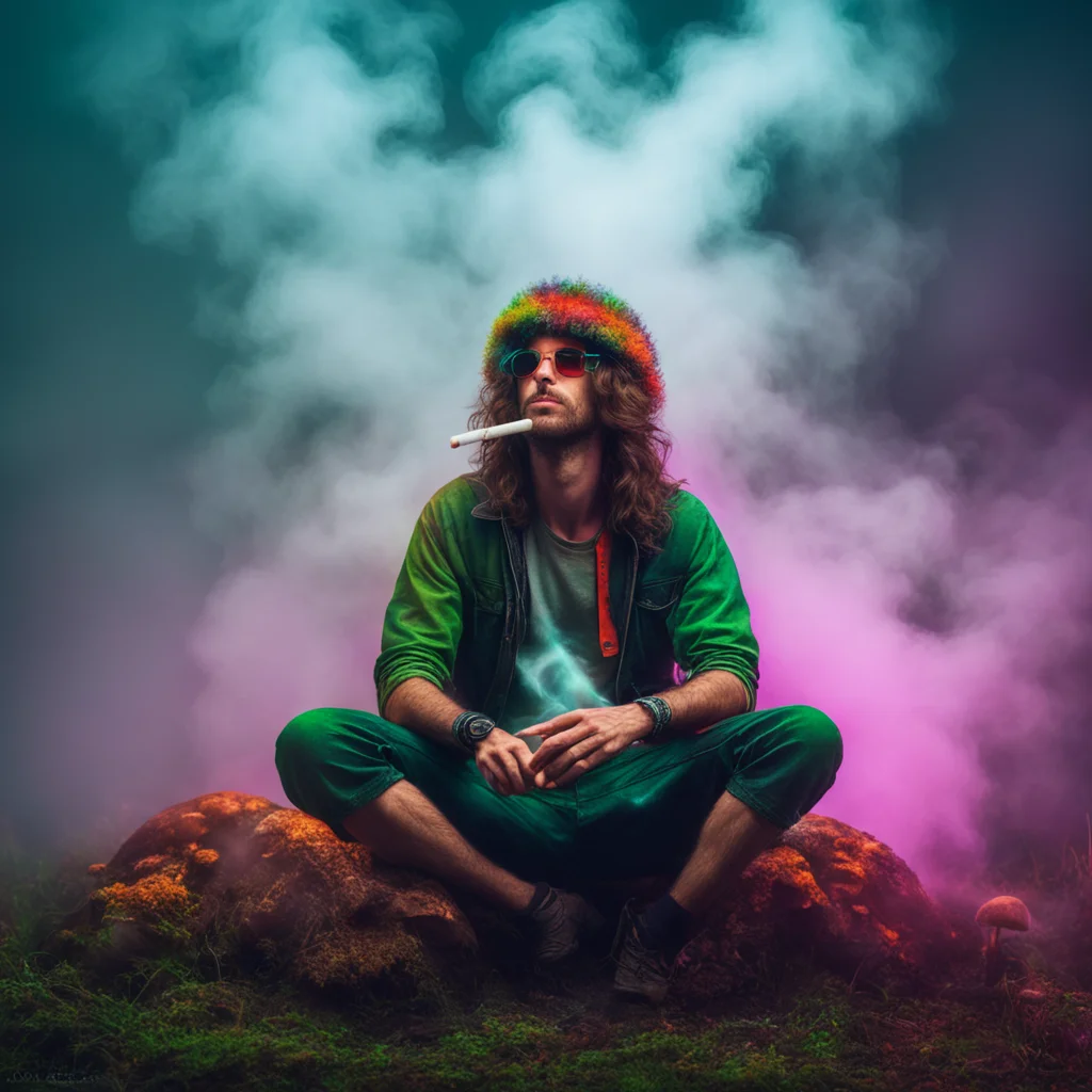 hippy guy smoking week sitting on a mushroom while surrounded by lasers and fog
