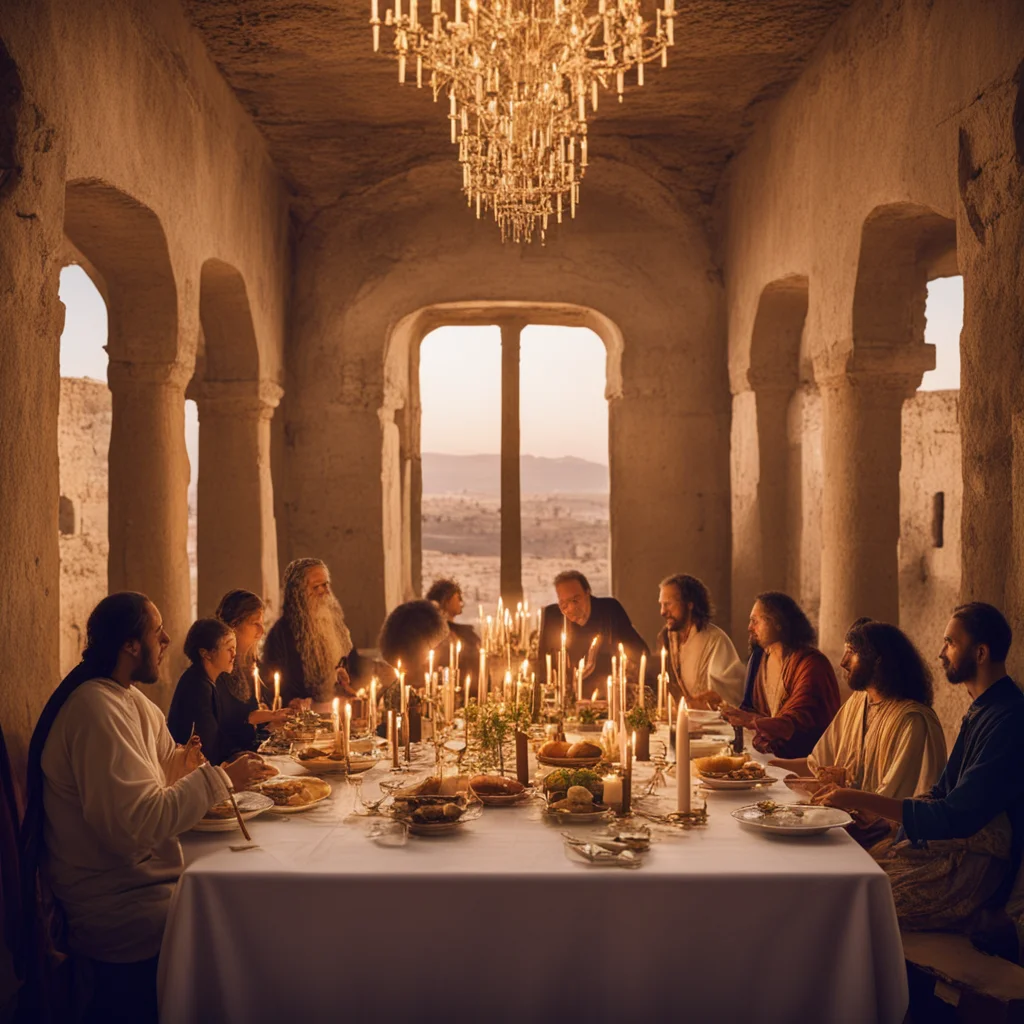 historical ancient dinner party with candles people in upper room golden hour hebrew