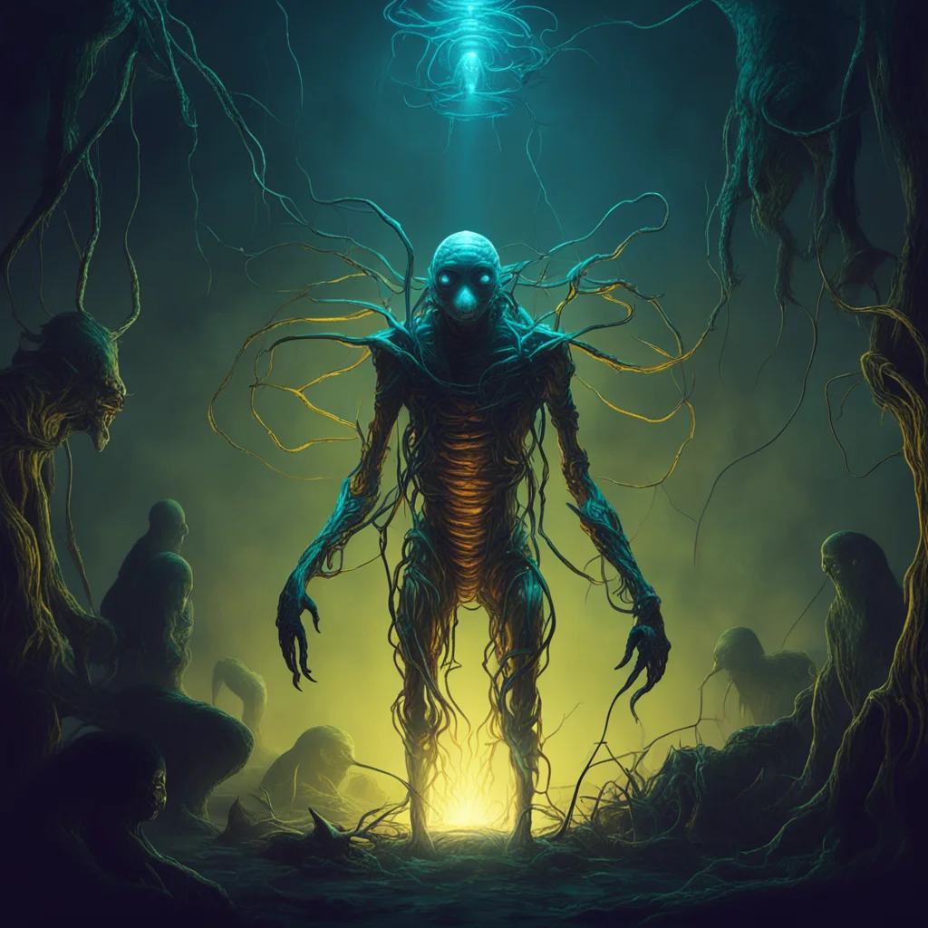 hivemind surrounds human captive while connecting biological devices to their prey moody contrasted lighting
