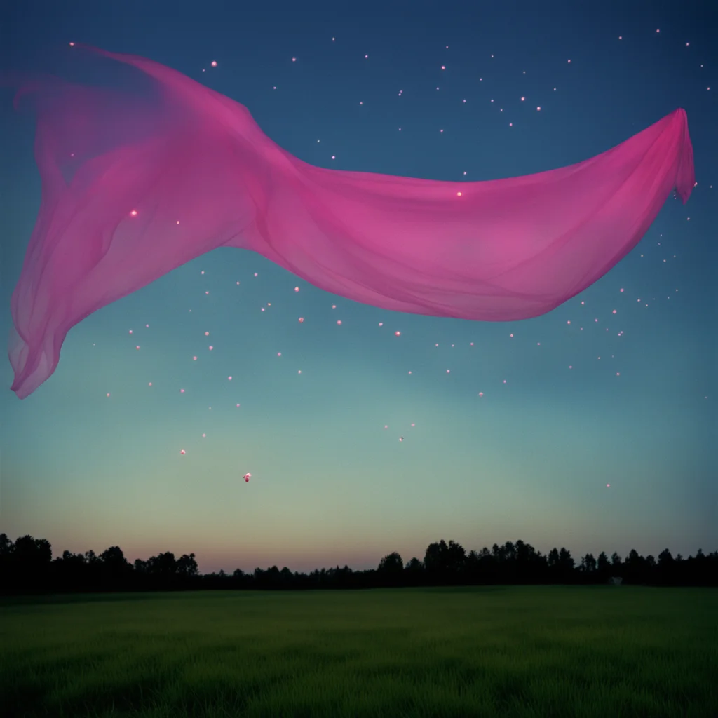 holy pink scarf floating in sky wide view from ground dusk atmospheric summer fireflies dreamy realistic full frame 35mm