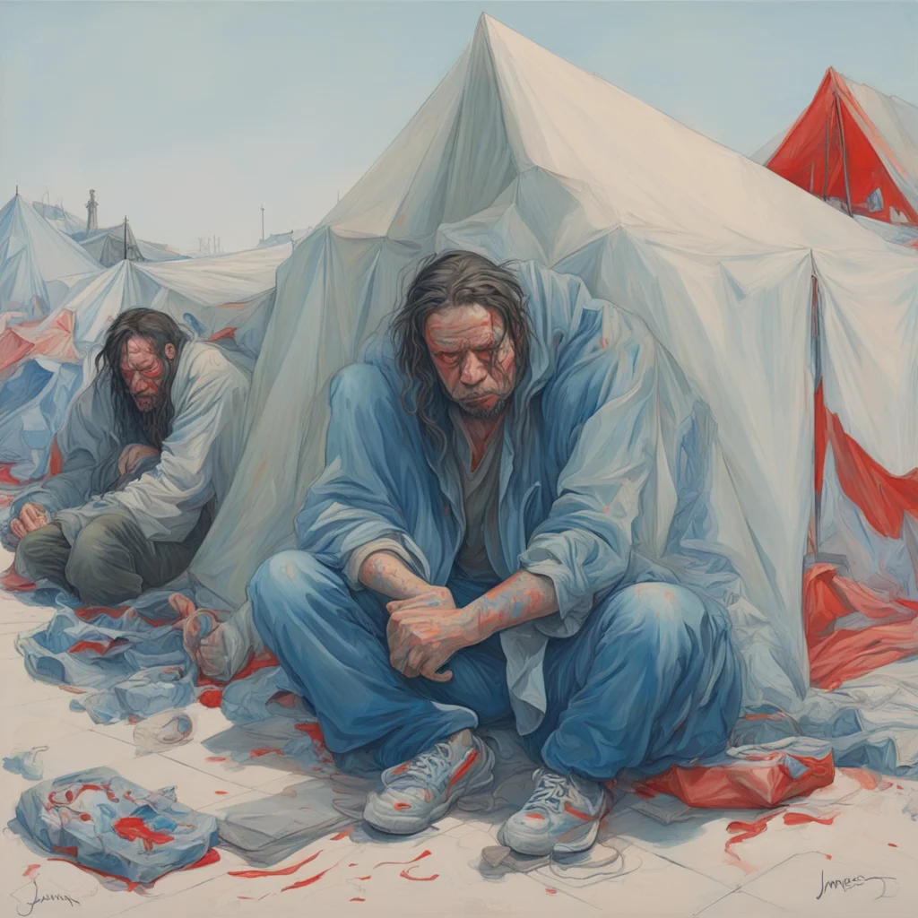 homeless crying hurt skid row tent painted by James Jean