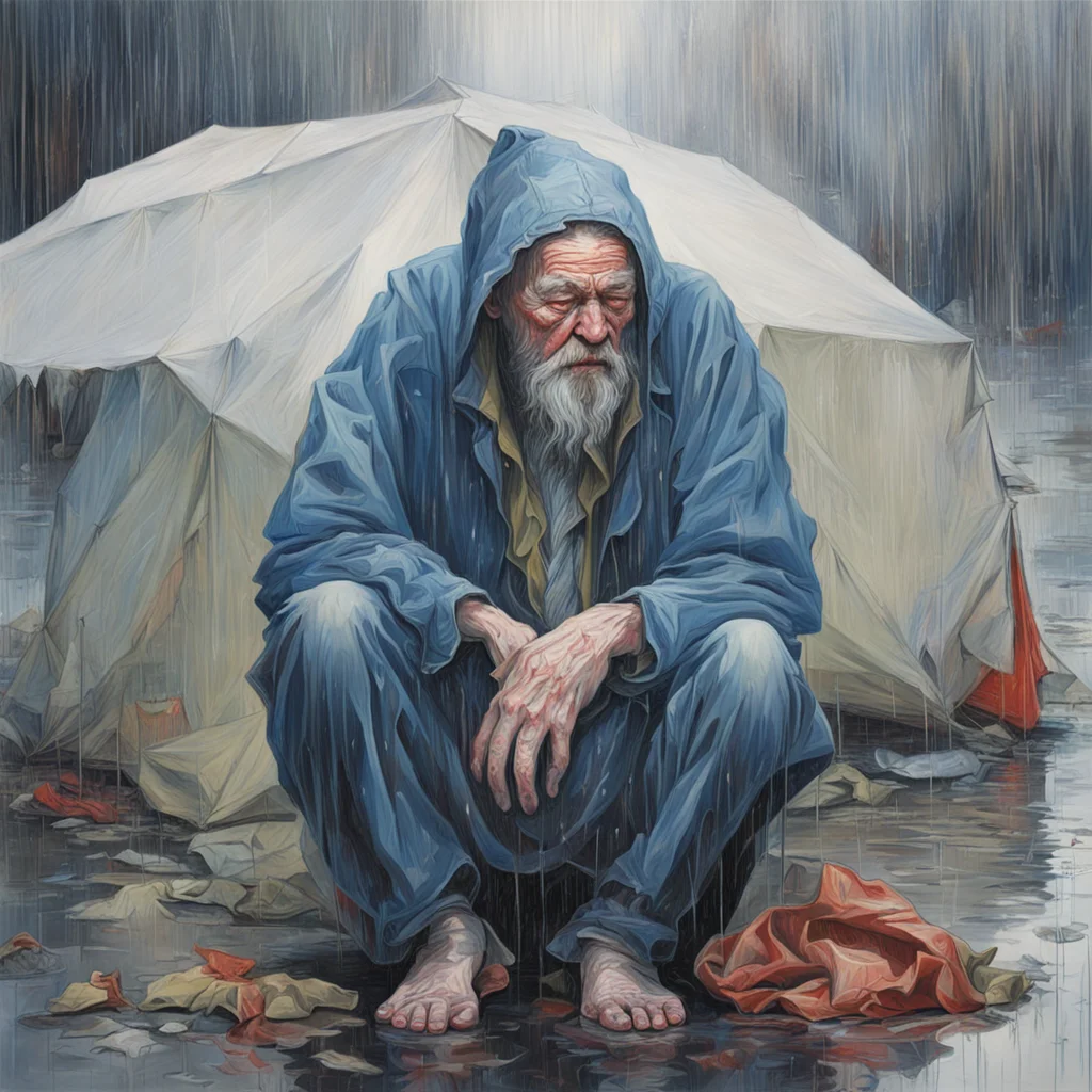 homeless elder stick crying hurt skid row tent rain painted by James Jean