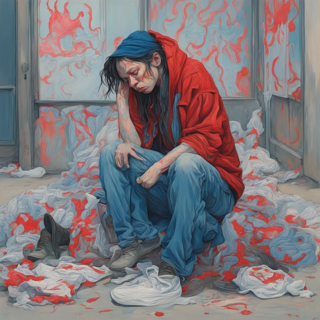 homeless heroine crying hurt lonely skid row waste painted by James Jean