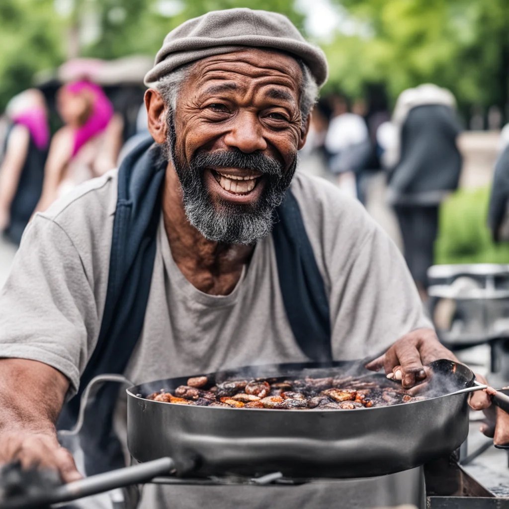 homeless man wearing grills while hes cooking on a grill