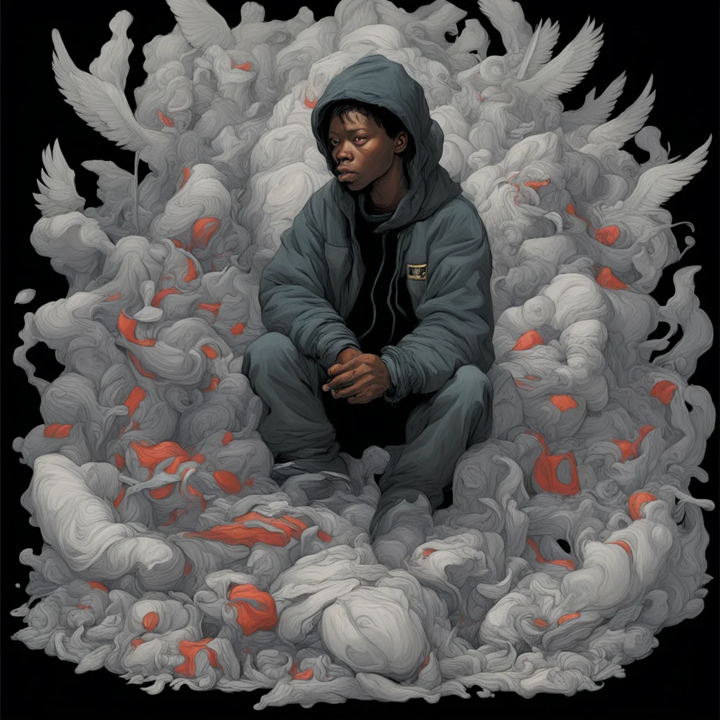 homeless people all races flying around waste lonely black background painted by James Jean