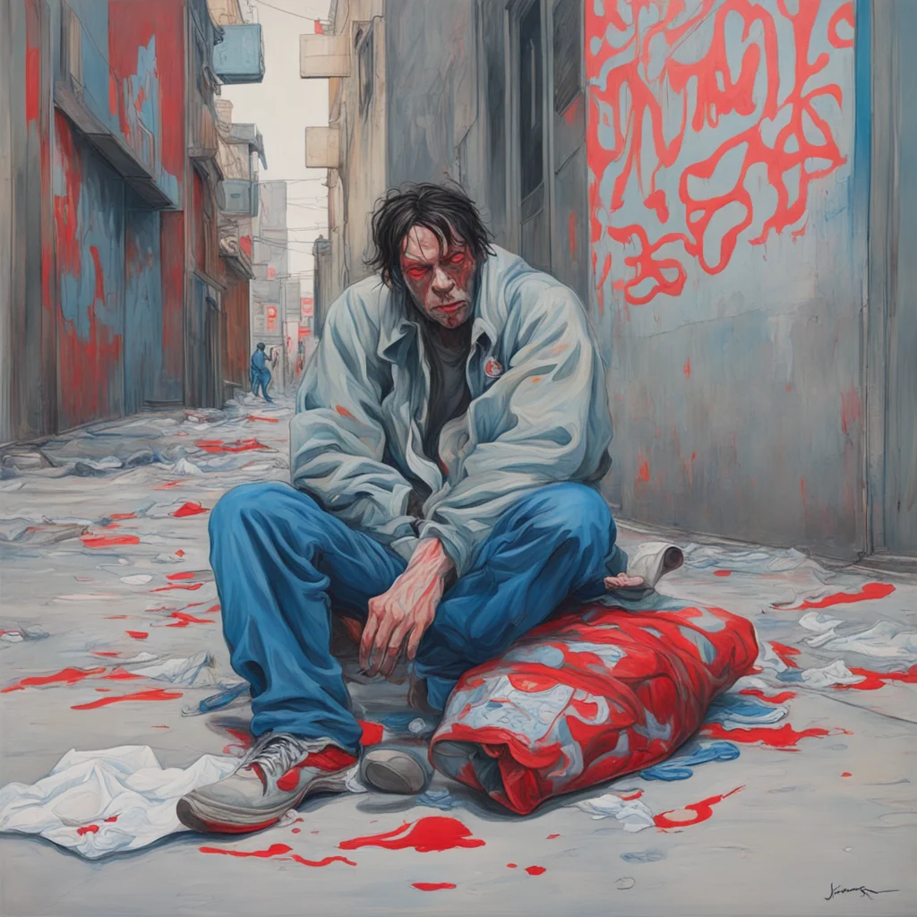 homeless person falling skid row waste lonely painted by James Jean