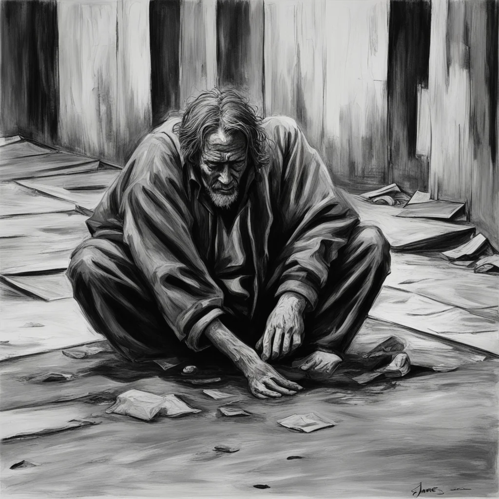 homeless person on the ground crying for help skid row waste lonely black and white painted by James
