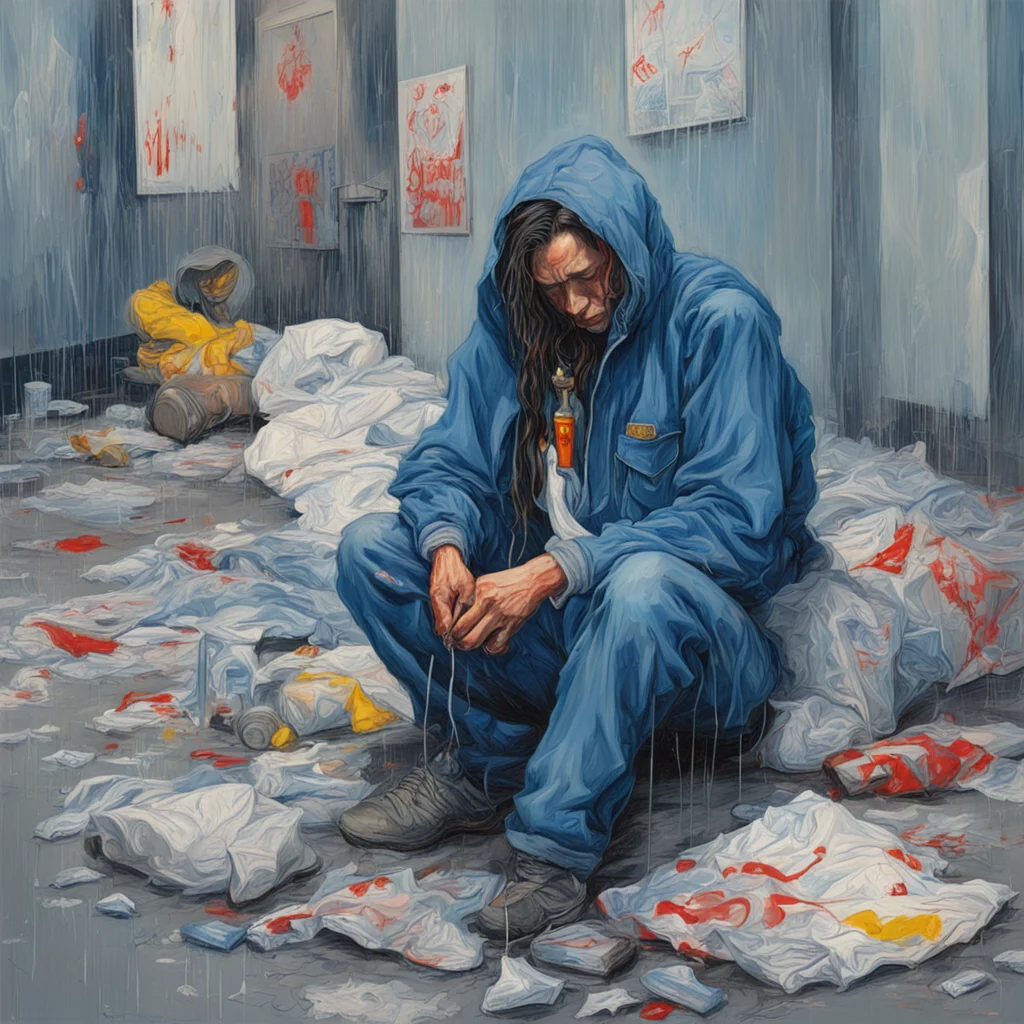 homeless sleeping heroine needle rain lonely skid row waste police painted by James Jean