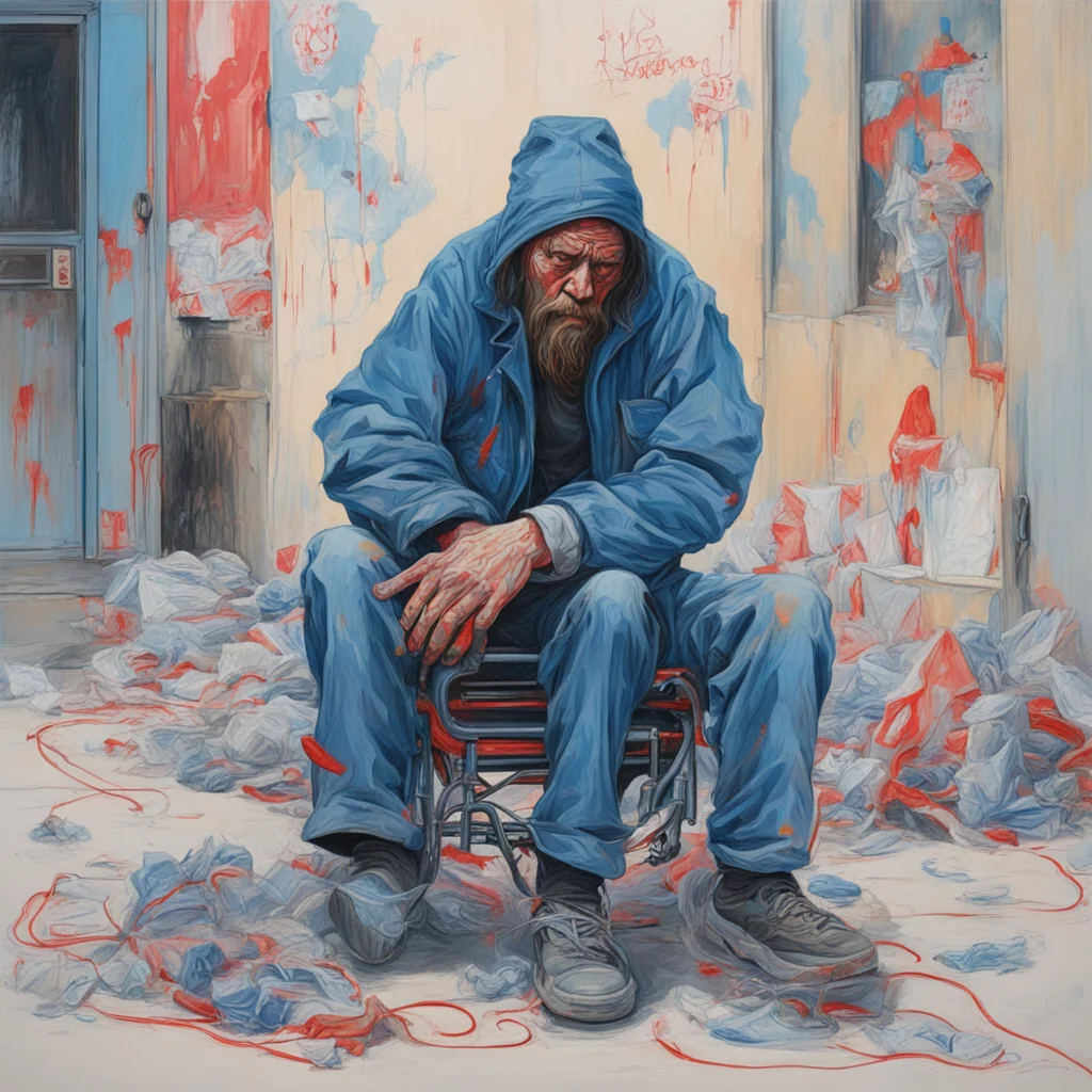 homeless wheelchair stick crying hurt skid row waste painted by James Jean
