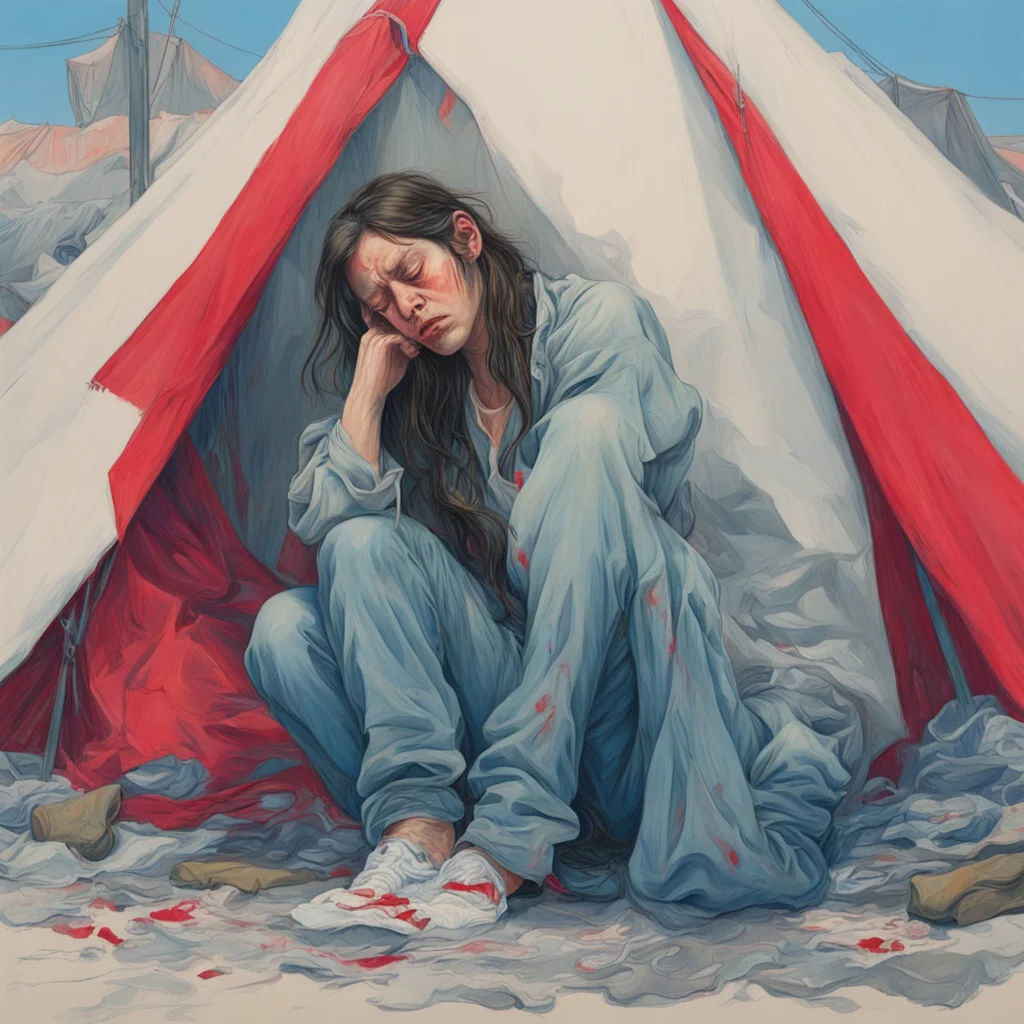 homeless woman crying hurt skid row tent painted by James Jean