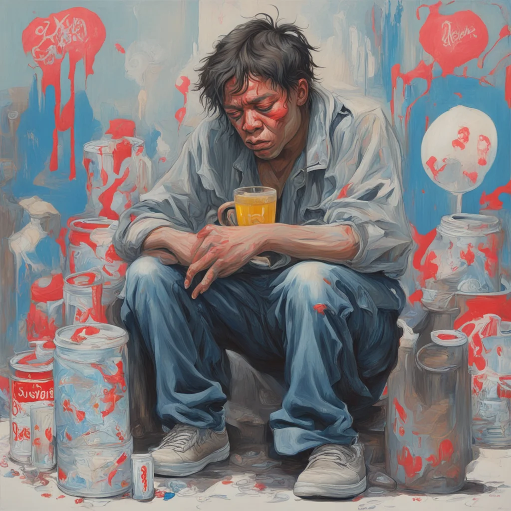 homeless youngster drinking beer crying hurt skid row waste painted by James Jean