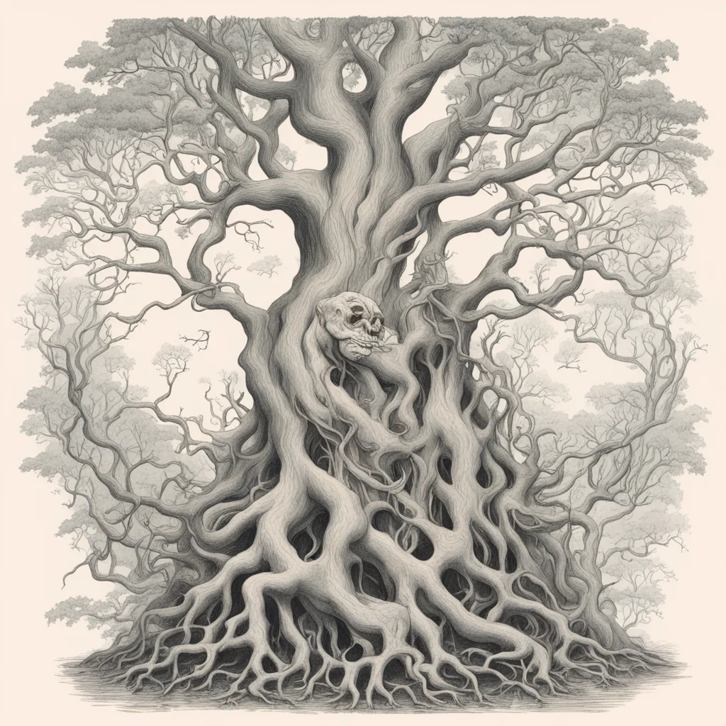 homunculus trapped inside branches and roots in the style of 1800 illustrations