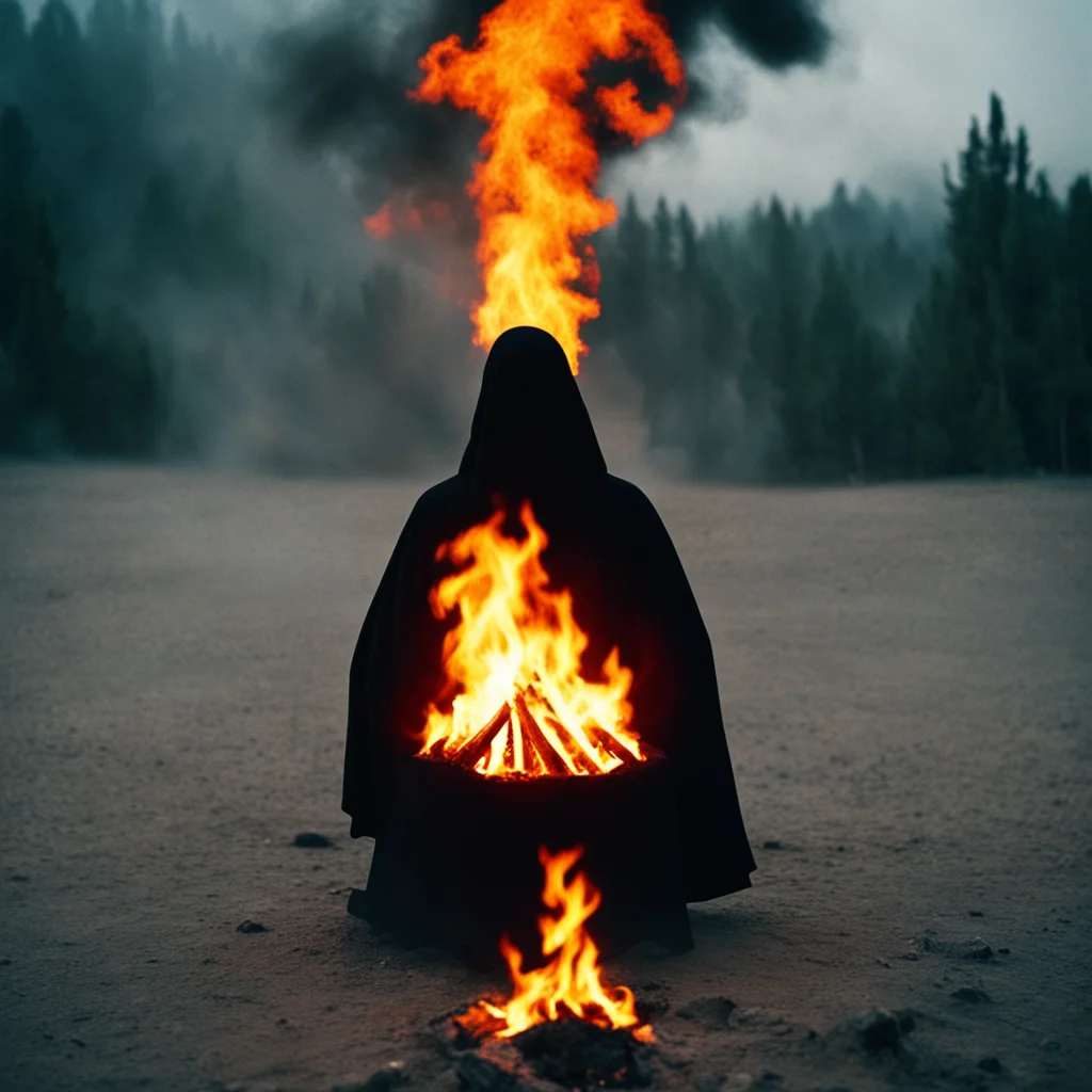 hooded figure performing a ritual standing behind a burning pyre The Holy Mountain 35mm photography ar 915