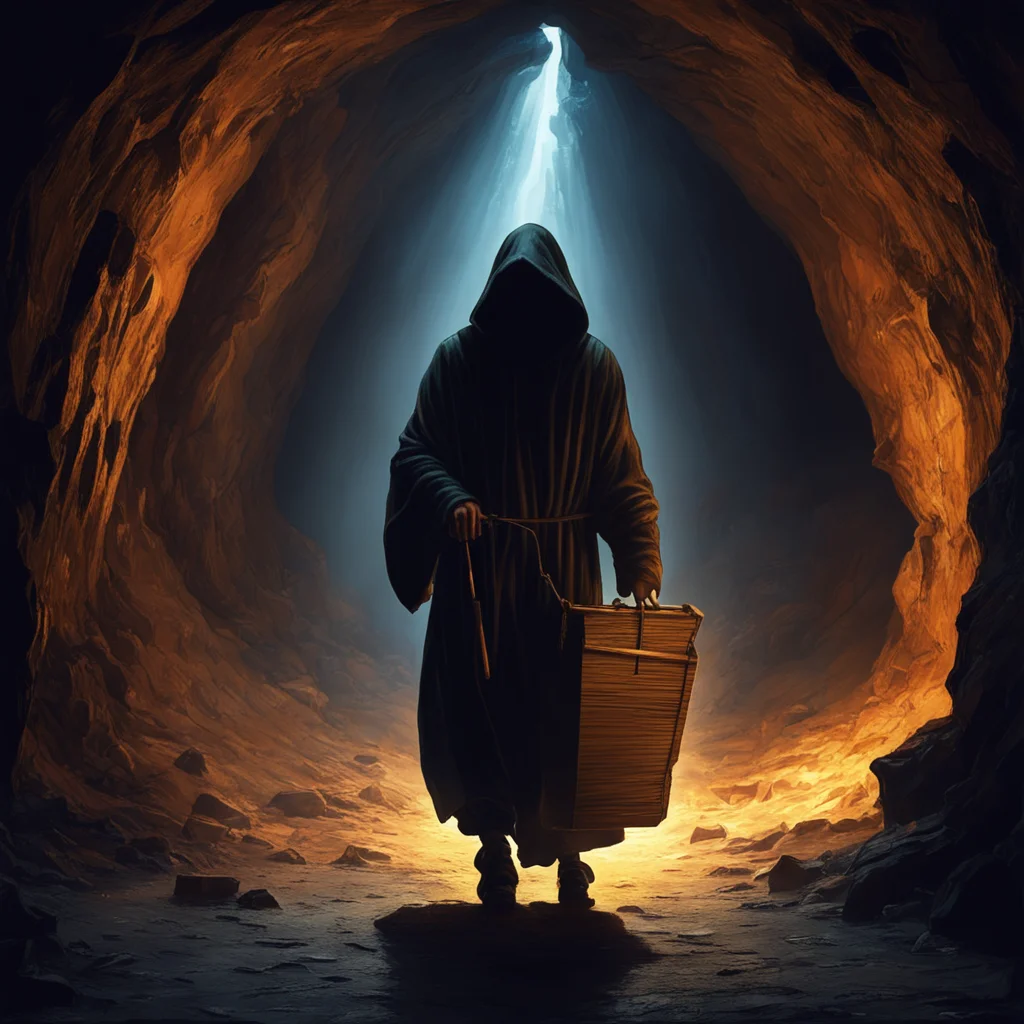 hooded hunched figure pulling overflowing cart through a dark cave tunnel under torch light fantasy painting dim dramati