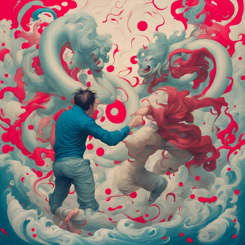hooligans fighting over a huge Pinterest logo hurricane in the background painted by James Jean