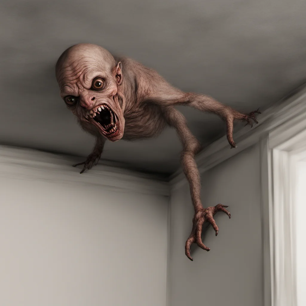 horror creature clinging to the corner of the ceiling realistic