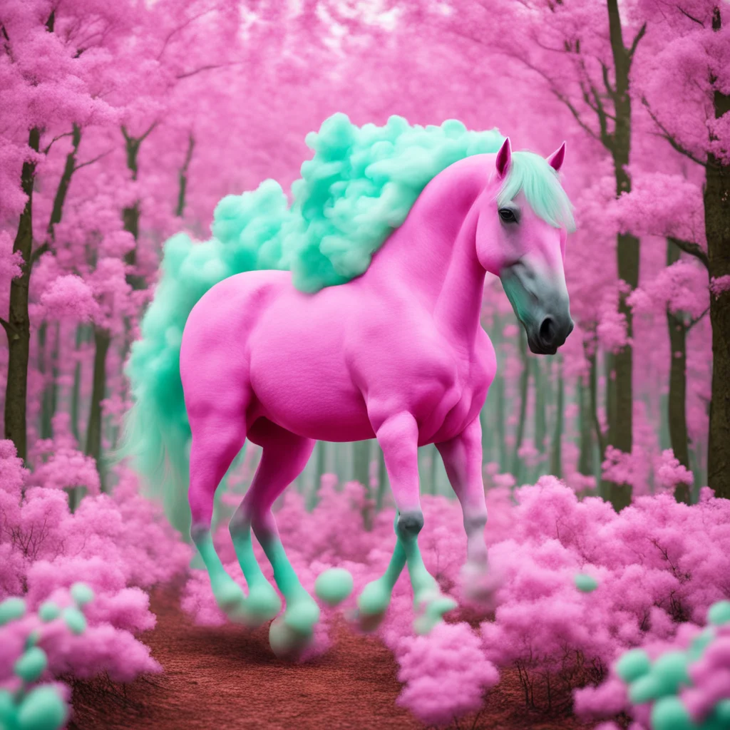 horse made out of cotton candy riding through a candy forest