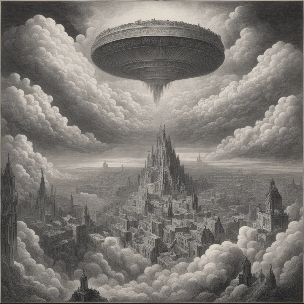 hovering city in the clouds by Gustave Dore engraving circa 1868 ar 1117