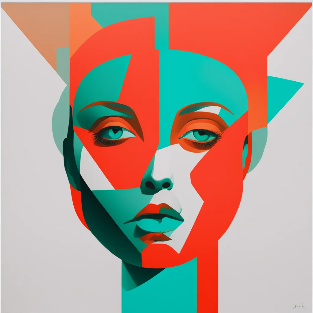 httpssmjruni7rD5Da portrait geometric face divine proportion modernist bauhaus Minimalism symbolism  orange teal acrylic