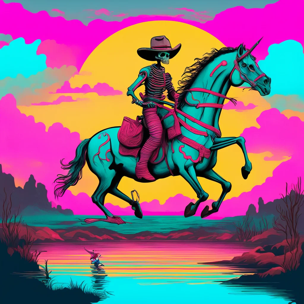 httpssmjrunoWOu7Zfigurative illustration of a cowboy skeleton riding a unicorn at sunset jumping over a river western br