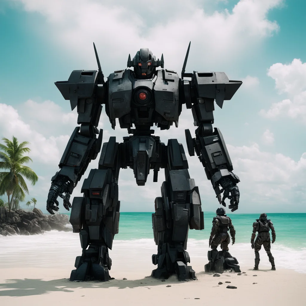 huge dark mech warriors on a tropical beach scene realistic photography kodak