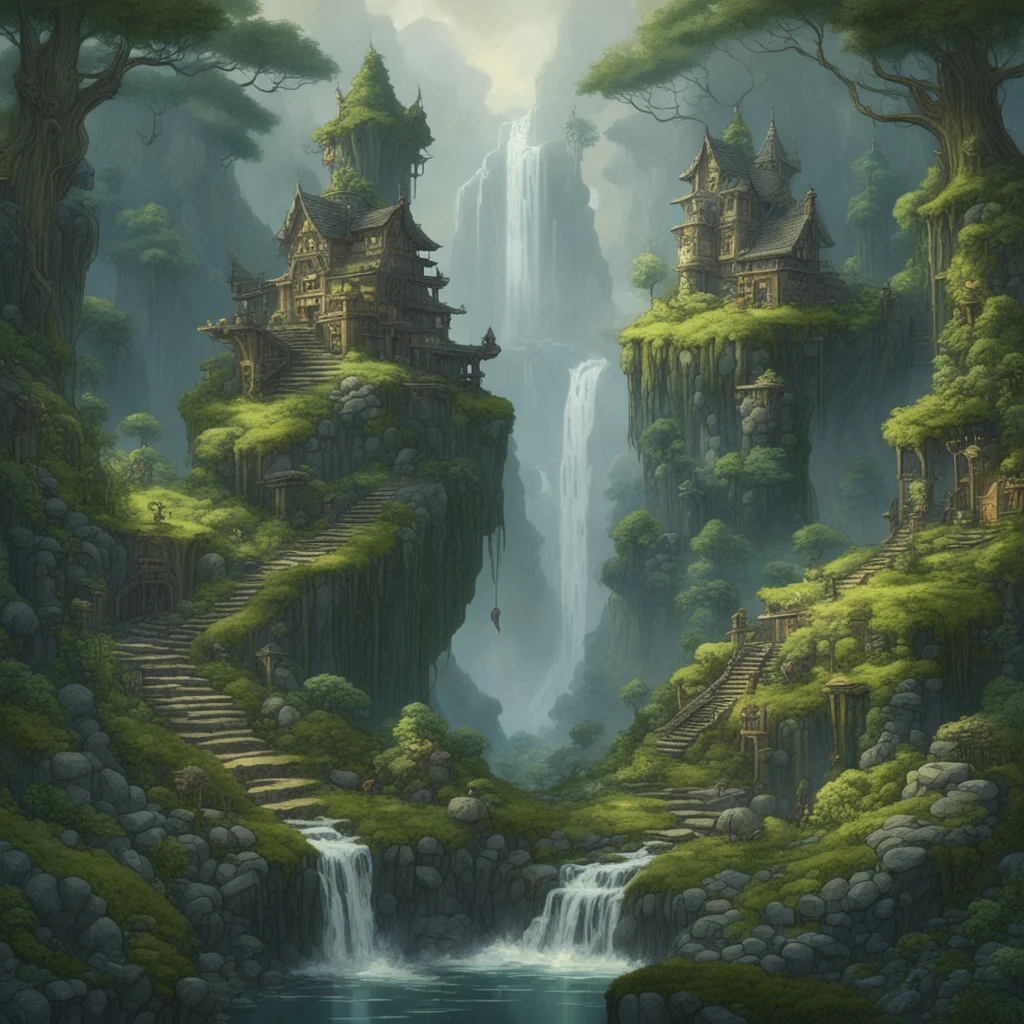 huge intricate dwarf fortress waterfalls and steams moss carved stairs foggy fantasy forest magical atmosphere artstatio