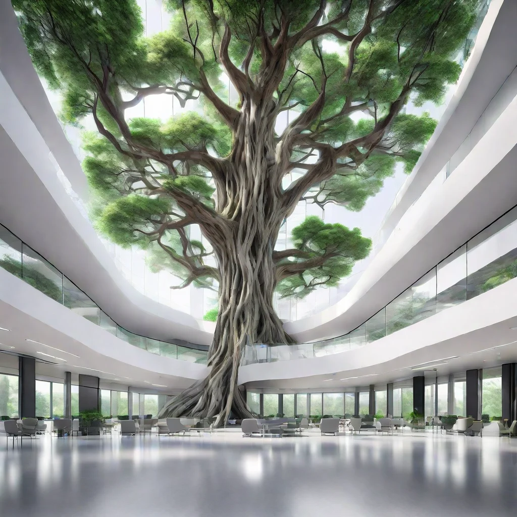 huge open office space with majestic tree grwoing inside Futuristic design Utopia Architecture rendering photoreal Clean