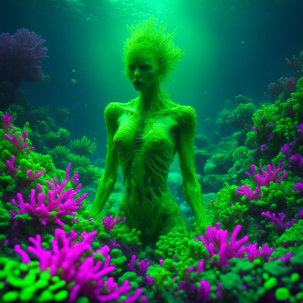 human body parts scattered at the bottom on the ocean floor covered in neon green glowing algae blooms cyberpunk  Robots