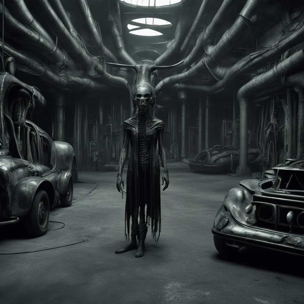 human creature in underground car park in the stle of giger cinematic movie w 6000 h 3000