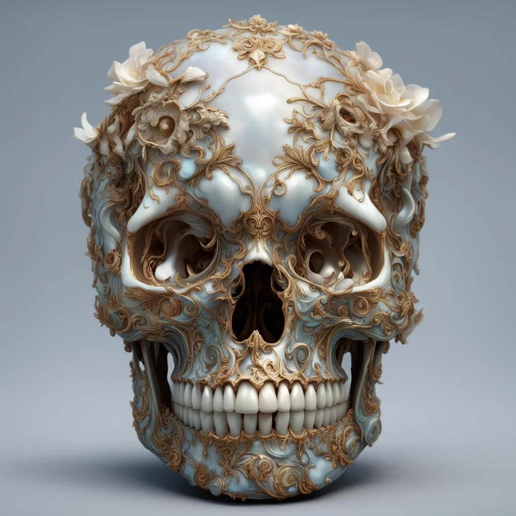 human skull mother of pearl volumetric light insanely detailed and intricate hypermaximalist elegant ornate luxury elite