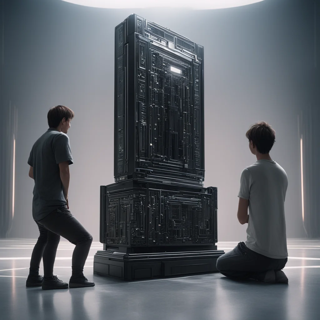 humans on their knees worshipping an idol that looks like a monolithic computer cinematic realism