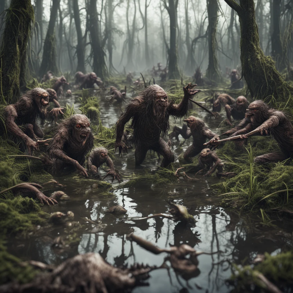 hundreds of mutant creatures fighting in war inside a dead swamp areahighly detailedrealistic lighting reflections vray 