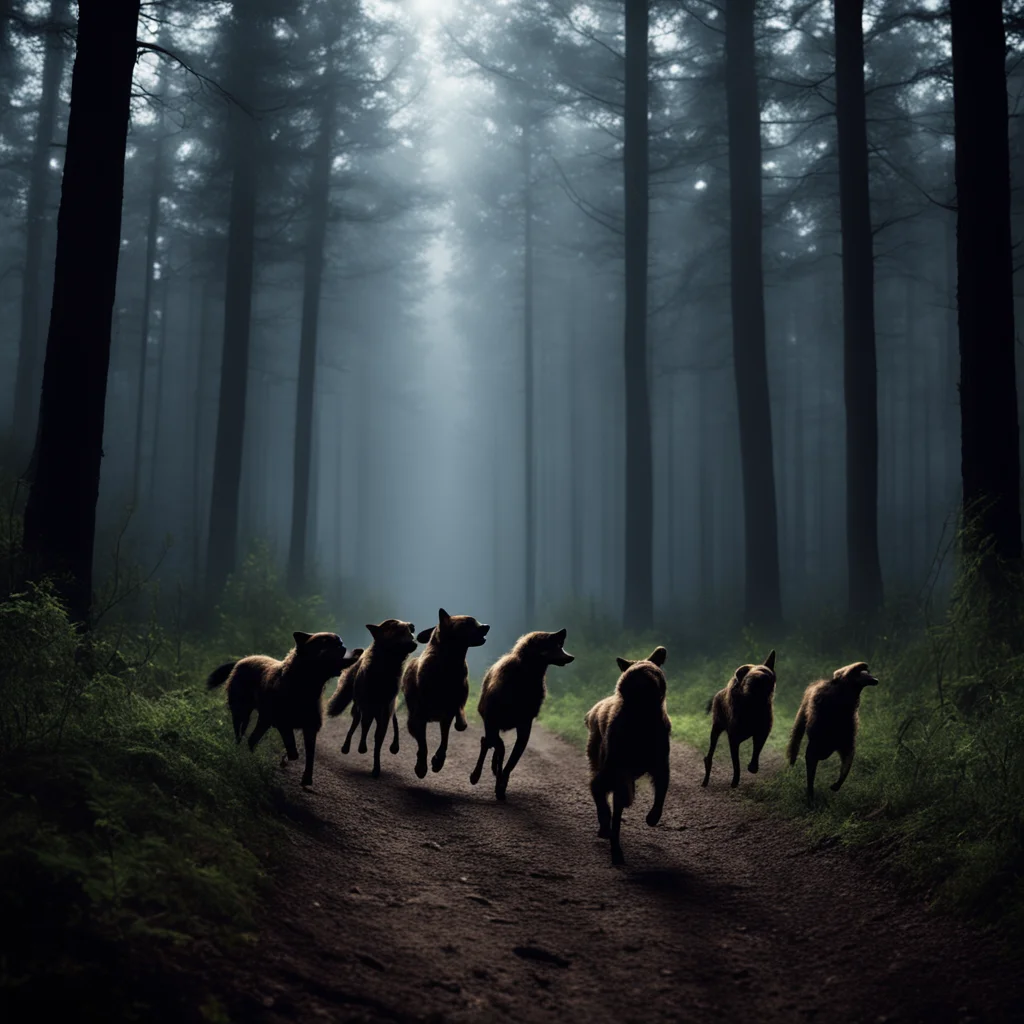 hunters in the dark running dogs animals in the dark forest wind effect cinematicw 1792 h 896