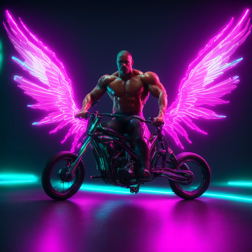 hype realistic 8k unreal engine rendered muscle man riding glowing neon metallic futuristic bicycle with wings