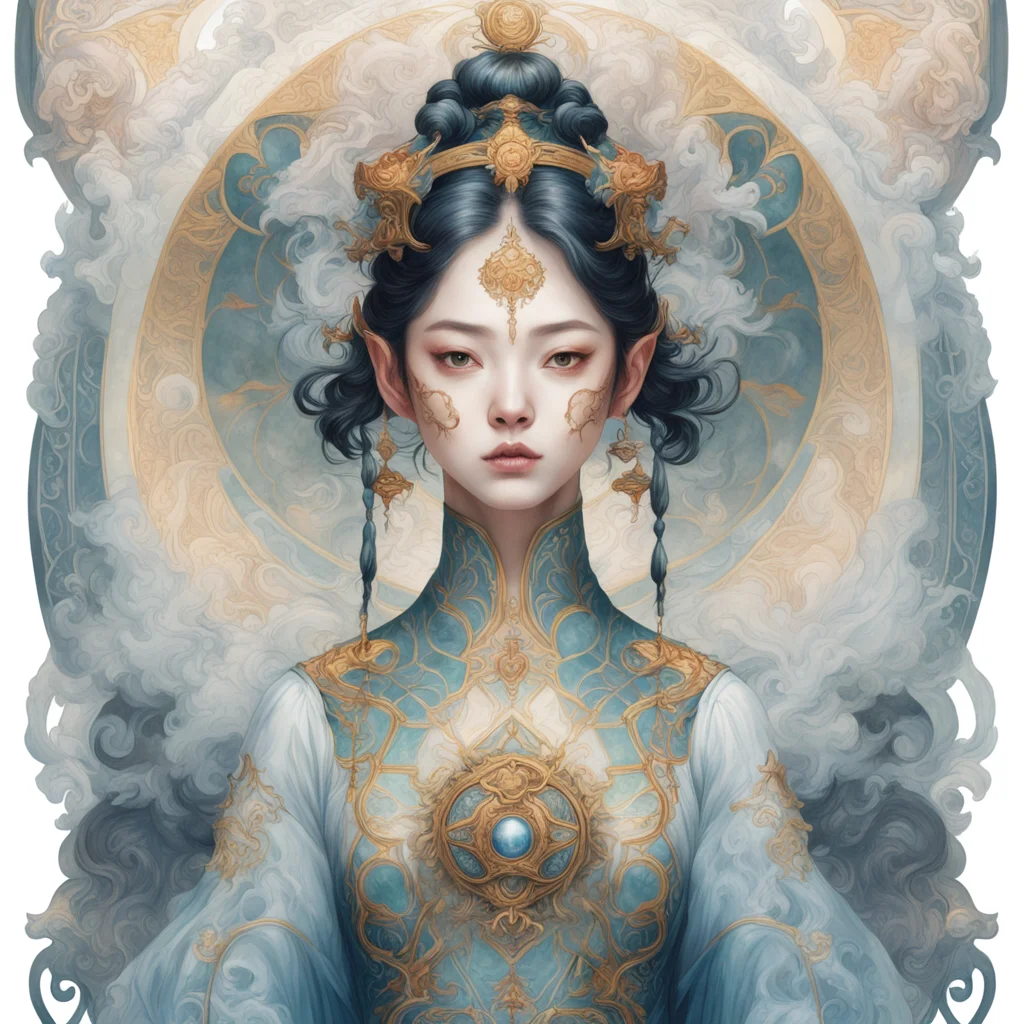 hyper detailed fantasy 4k symmetrical Chinese girl with smokey  Traditional Chinese art tarot card by Nekro Peter Mohrba