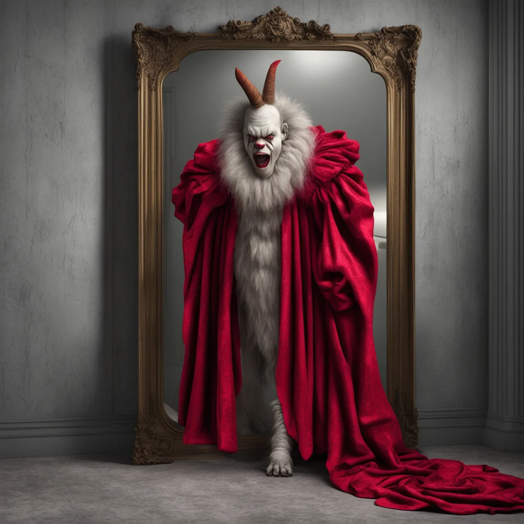 hyper real Pennywise  lush red dressing gown dressing room mirror tungsten lighting a giant unicorn in the mirror sadnes