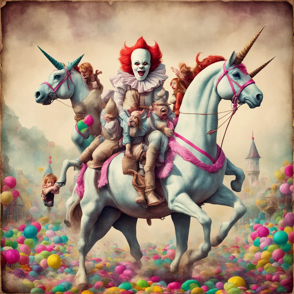 hyper real Pennywise family riding a giant unicorn in candyland highly detailed old paper stained misery epic vintage fi