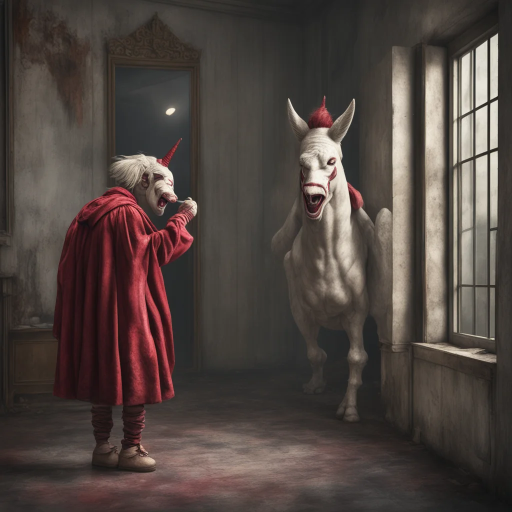 hyper real Pennywise unicorn penitentiary day room lush red dressing gown tungsten lighting a giant Pennywise unicorn la